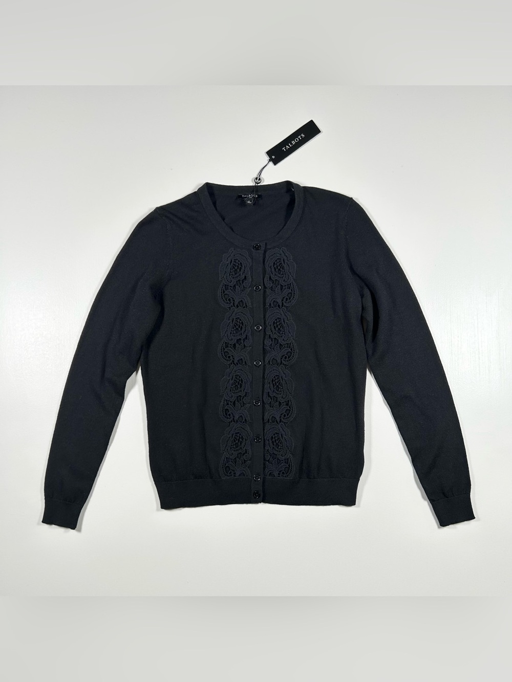 Talbots Cardigan Sweater Floral Embroidery Black Women's Size P Petite XS Small